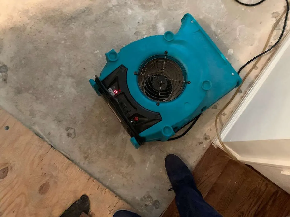 Air mover drying subfloor during Commercial Water Damage Restoration in Oneonta